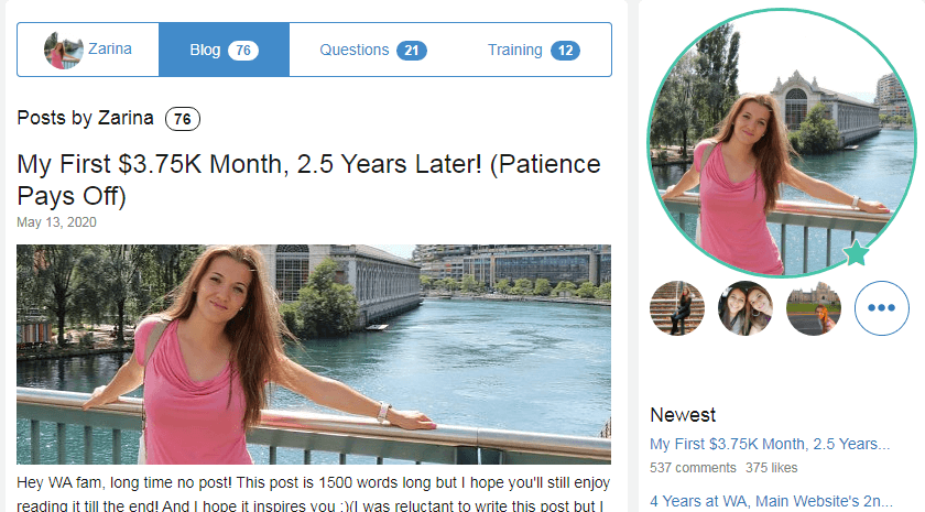 this image shows a woman standing on a bridge and saying she's made her first $3.75k month. she is a wealthy affiliate member
