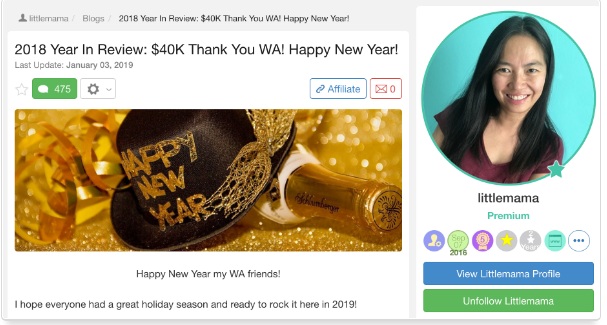 A WA member showing her income report in 2018 where she made $40k in affiliate marketing