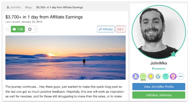 WA Reviews: this is a success story from a wealthy affiliate member showing his income of one day which is $3,700