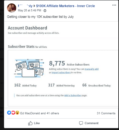 Is 12 Minute Affiliate Legit - This image shows an account dashboard from a member of 12 minute affiliate. She is showing that she has 8,775 active subscribers to her email list