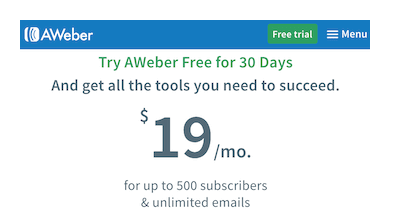 Is 12 Minute Affiliate Legit - The Aweber membership plan. It also says try Aweber for free for 30 days, and then shows $19/mo for up to 500 subscribers & unlimited emails