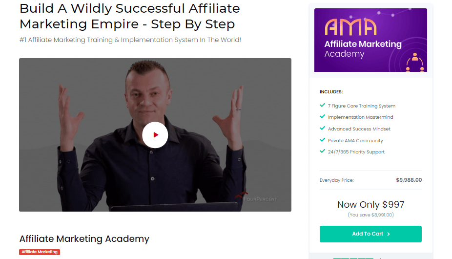 Is Four Percent Group a scam - Image showing the Affiliate marketing academy course, and a video of Vick Strizheus introducing it.