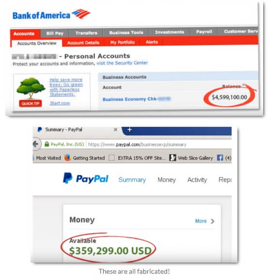 Image showing a fake income proof stating an amount of $4,599,100.00