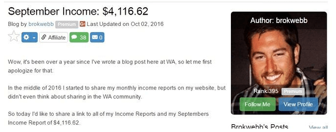 Brok, a member of Wealthy Affiliate showing his income for the month of September 2016. The income was $4,116.62