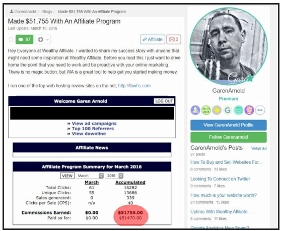 this image shows a wealthy affiliate member showing his success and how he has made $51,755 with an affiliate program