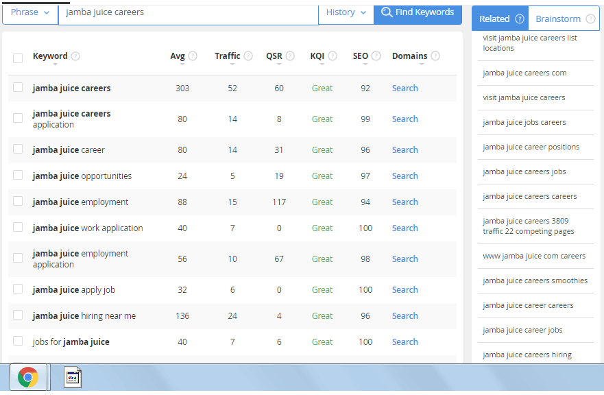 this image shows the search results and data of the keyword phrase Jamba juice careers inside jaaxy