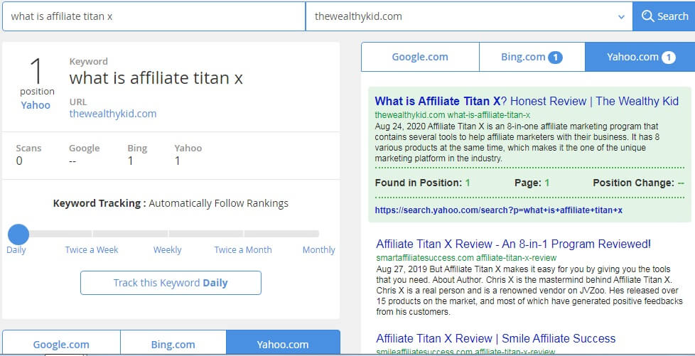 This image shows the site rank feature inside jaaxy. It's showing the ranking of the keyword phrase "what is affiliate titan x" from the website thewealthykid