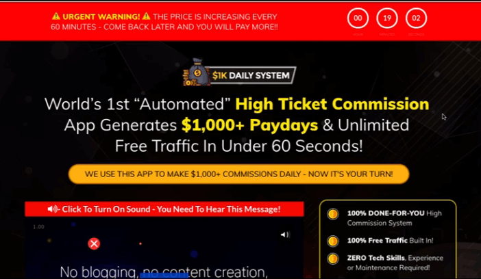 1k Daily System Review - headline on the sales page