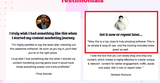 this image shows another fake testimonial by Firos Alameh and Venkata Ramana