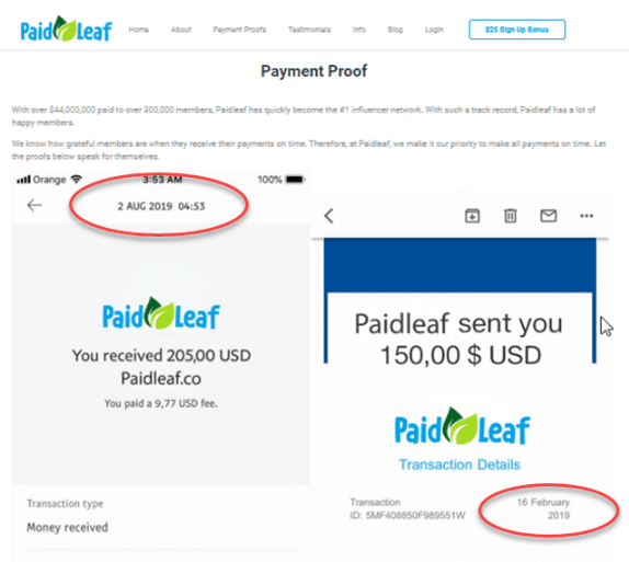 Image showing the fake payment proof inside the paidleaf software