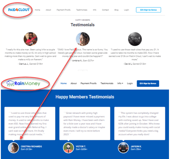 Image showing the Paid4Clout platform with three fake testimonials 