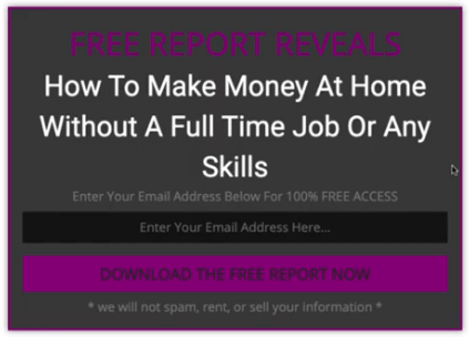 The image shows a squeeze page with a purple call to action button saying download the free report now