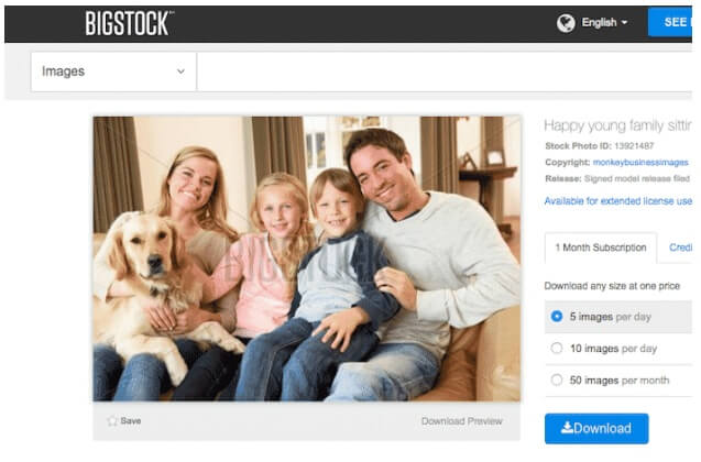 Image from Bigstock showing a man, his wife and their two kids and a dog sitting on a sofa