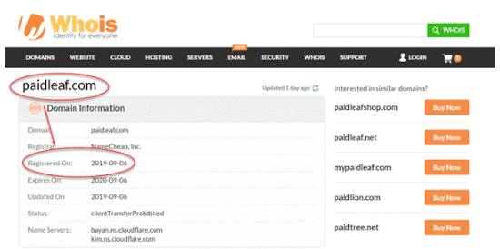 Image showing the Whois website with information about paidleaf being register in 2019-09-06