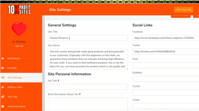 10x profit sites menu settings