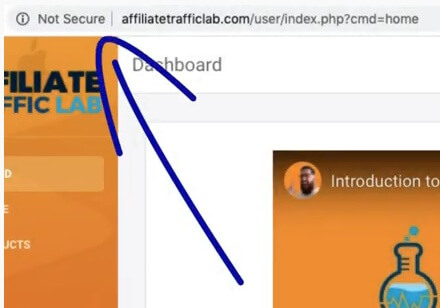 This image shows the "not secure" written on the affiliate traffic lab webpage