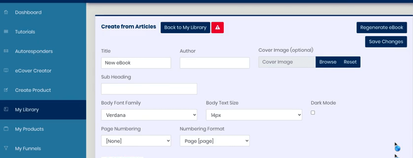 this image shows the Library section of this DFY ProfitFunnels. It shows the different components you need to create an e-book such as title, author, cover image, body font family, page numbering, and so on