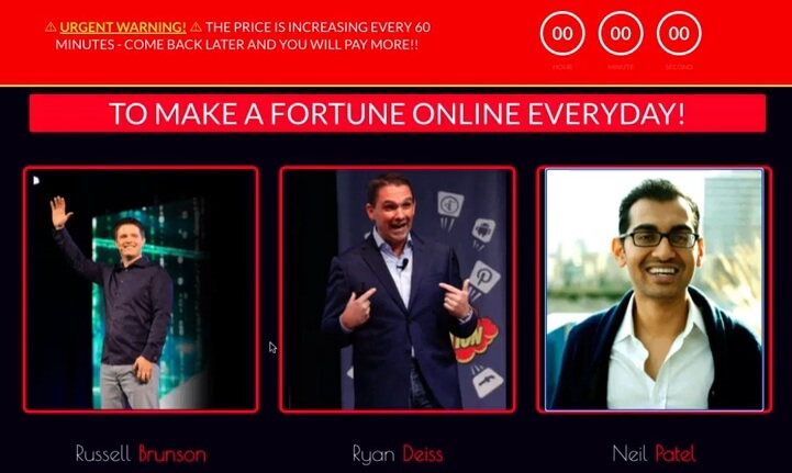 On the DFY profit funnels sales page, there are big marketers' names and pictures of Russell Brunson, Ryan Deiss, and Neil Patel 