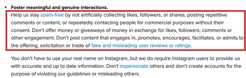 This image is a text about Instagram terms of services, stating that people should stay spam-free by not artificially collecting likes, followers, or shares...