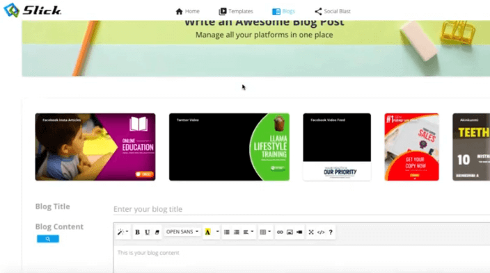 This is slick blog section. Basically, you can write your own posts here and share on social media. The image shows a blank page where you can put your blog title and content