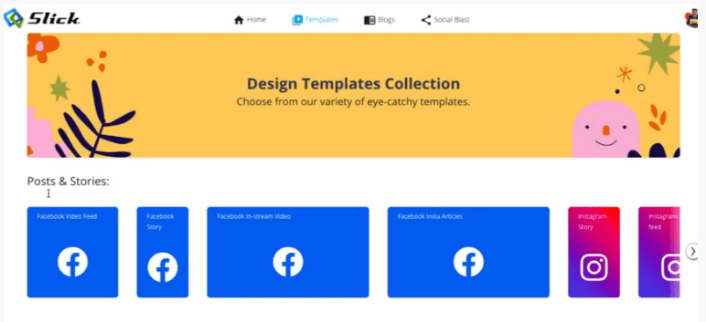 This image shows the template section of the slick software. We can see the FaceBook and Instagram Logos