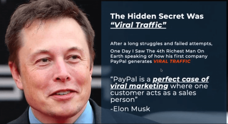 This is a picture of Elon Musk with one of his quotes stating payal is a perfect case of viral marketing where one customer acts as a sales person