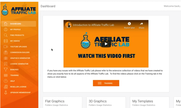 This image shows the affiliate traffic lab dashboard