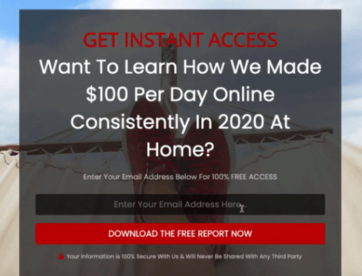 This image shows how the squeeze pages look like inside the Commission Pages software. It says want to learn how we made $100 per day online consistently in 2020 at home? Enter your email address here, and download the free report now