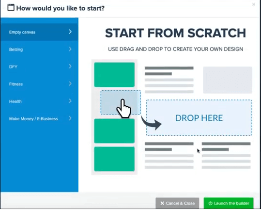 This image show the kash kow page builder section, with a headline saying start from scratch