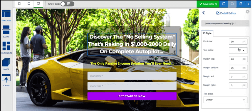 This image shows a squeeze page builder. We can see a yellow car with some text and various features to edit the page