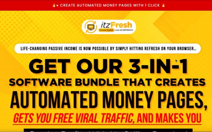 Image showing the ItzFresh headline on the sales page saying "Get our 3-in-1 software bundle that creates automated money pages"