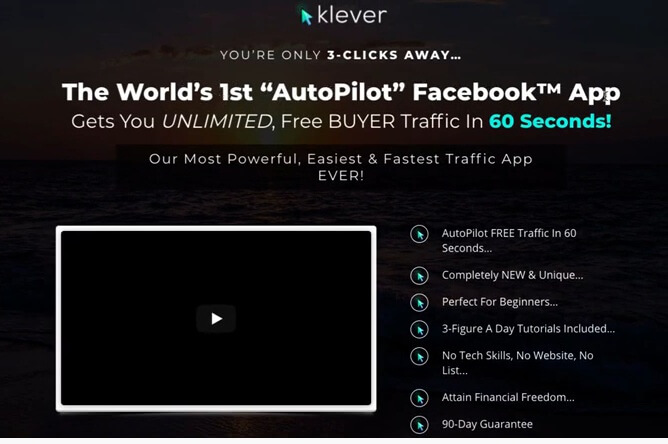 This image shows the Klever sales page describing klever as the world's 1st auto pilot FaceBook App