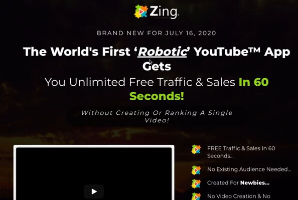 This image shows the Zing sales page headline describing Zing as the world's first robotic YouTube App 