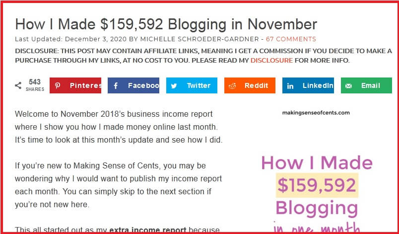 Image showing an Income report from the website "Making Sense of Cents" in one of the most Lucrative blog niches