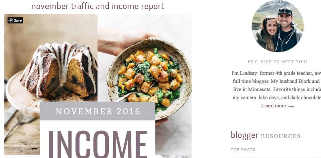 Image showing an income report from the website "Pinch of Yum"