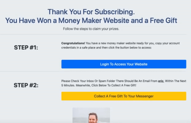 Image showing a thank you page saying "you've won a money maker website and a free gift