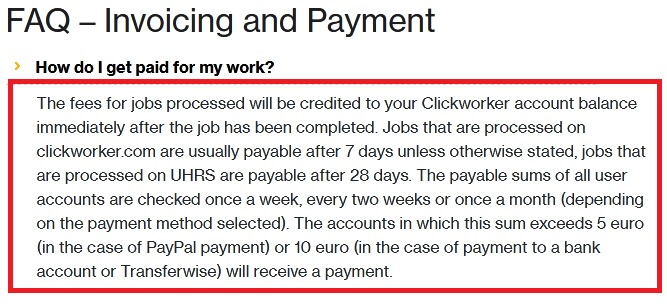 Screenshot from the click worker website showing the FAQ- invoice and payment