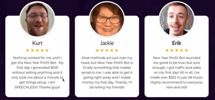 New Year Profit Bot Review - three fake testimonials from the New Year Profit Bot sales page