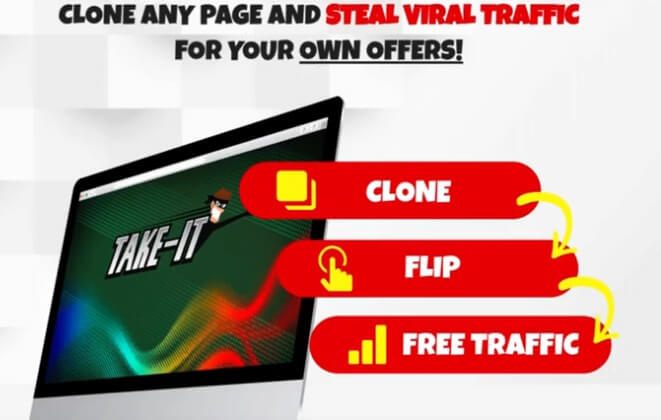 Image showing the Take It software sales page that is very misleading. It says "Free Traffic". But there's no traffic solution.