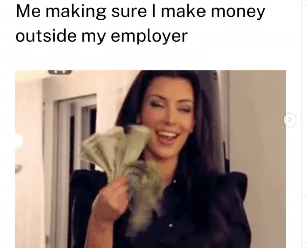 How to make money in affiliate marketing without a website - A woman holding some money. The caption is: <<Me making sure I make money outside my employer>>