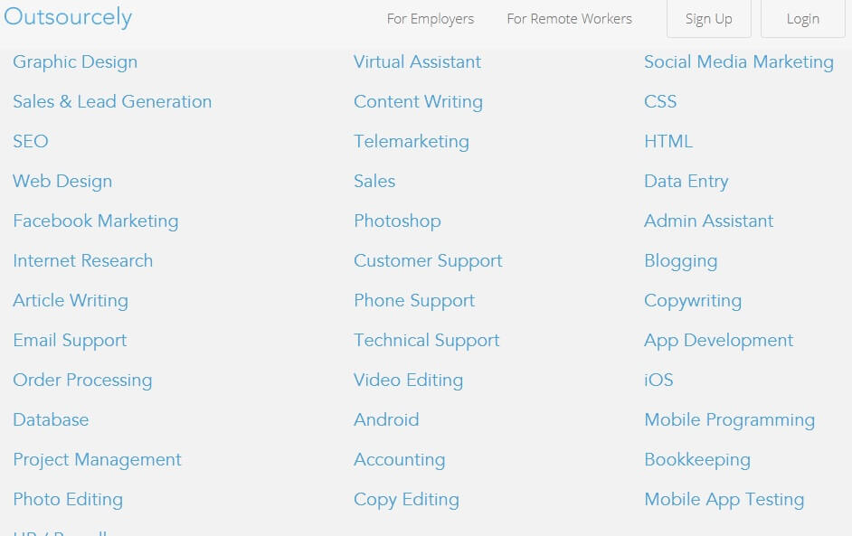 Screenshot showing a Outsourcely list of categories for remote workers