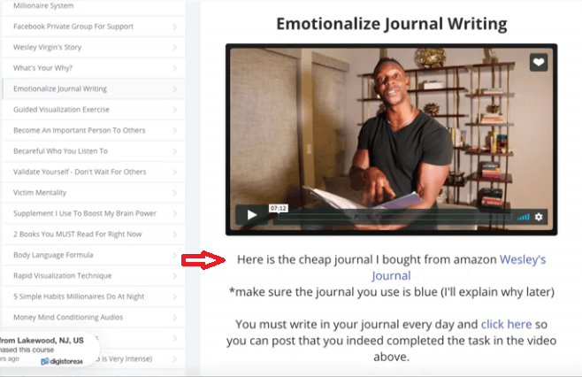 The emotionalize journal writing section where Wesley is asking you to buy a book on Amazon