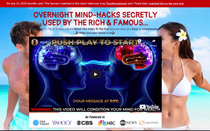 The overnight millionaire sales page showing 2 brains facing each other