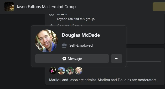 Jason Fulton FaceBook mastermind group showing Douglas McDale as a moderator of the group