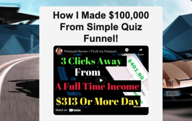 A squeeze page saying "how I made $100,000 from simple quiz funnel!"