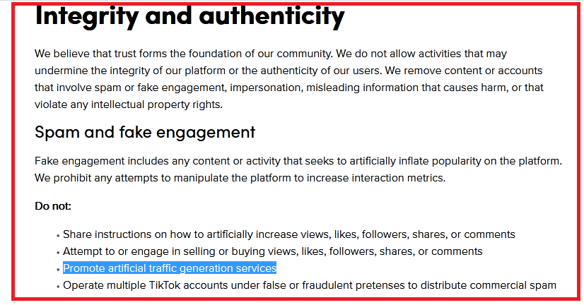 TikTok community guidelines on Integrity and authenticity