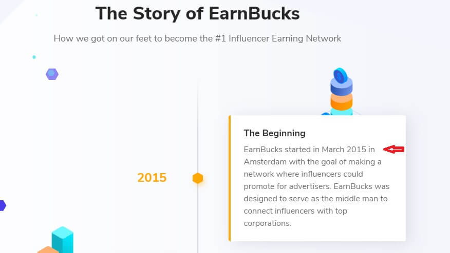 what is Earnbucks - A screenshot of the EarnBucks website stating that they started in 2015