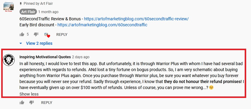 60 Second Traffic Review - A YouTube comment from a Warrior Plus buyer complaining that products from Warrior plus don't give refunds.