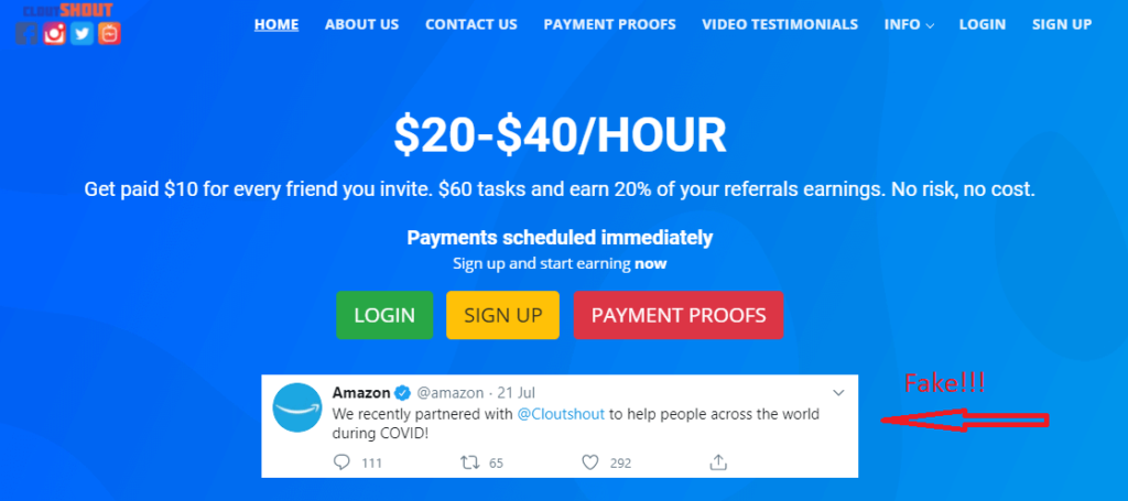 Is Cloutshout legit - A fake Amazon comment saying "We recently partnered with Cloutshout to help the world during Covid"