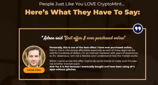 What is Crypto Mint - A fake testimonial on the crypto mint sales page. A guy named Adrea Allen giving a fake speech